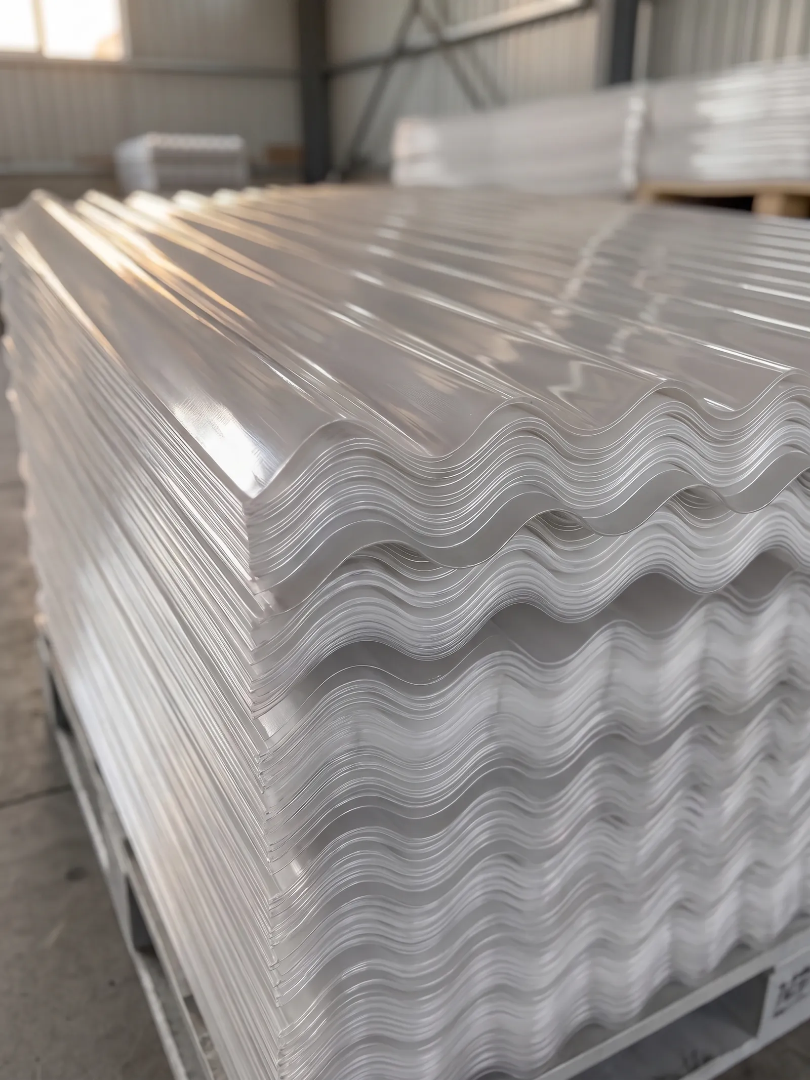 Chapas plásticas traslúcidas acanaladas apiladas sobre un pallet
