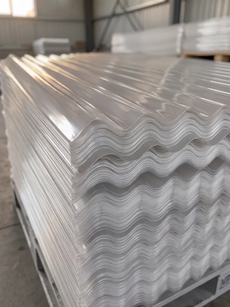 Chapas plásticas traslúcidas acanaladas apiladas sobre un pallet