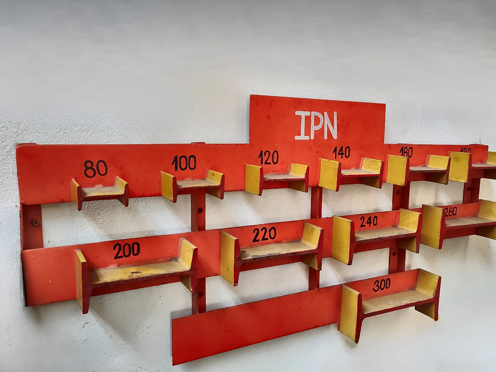 Tablero de medidas de perfil IPN doble T en el depósito de Metsider, del 80 al 300